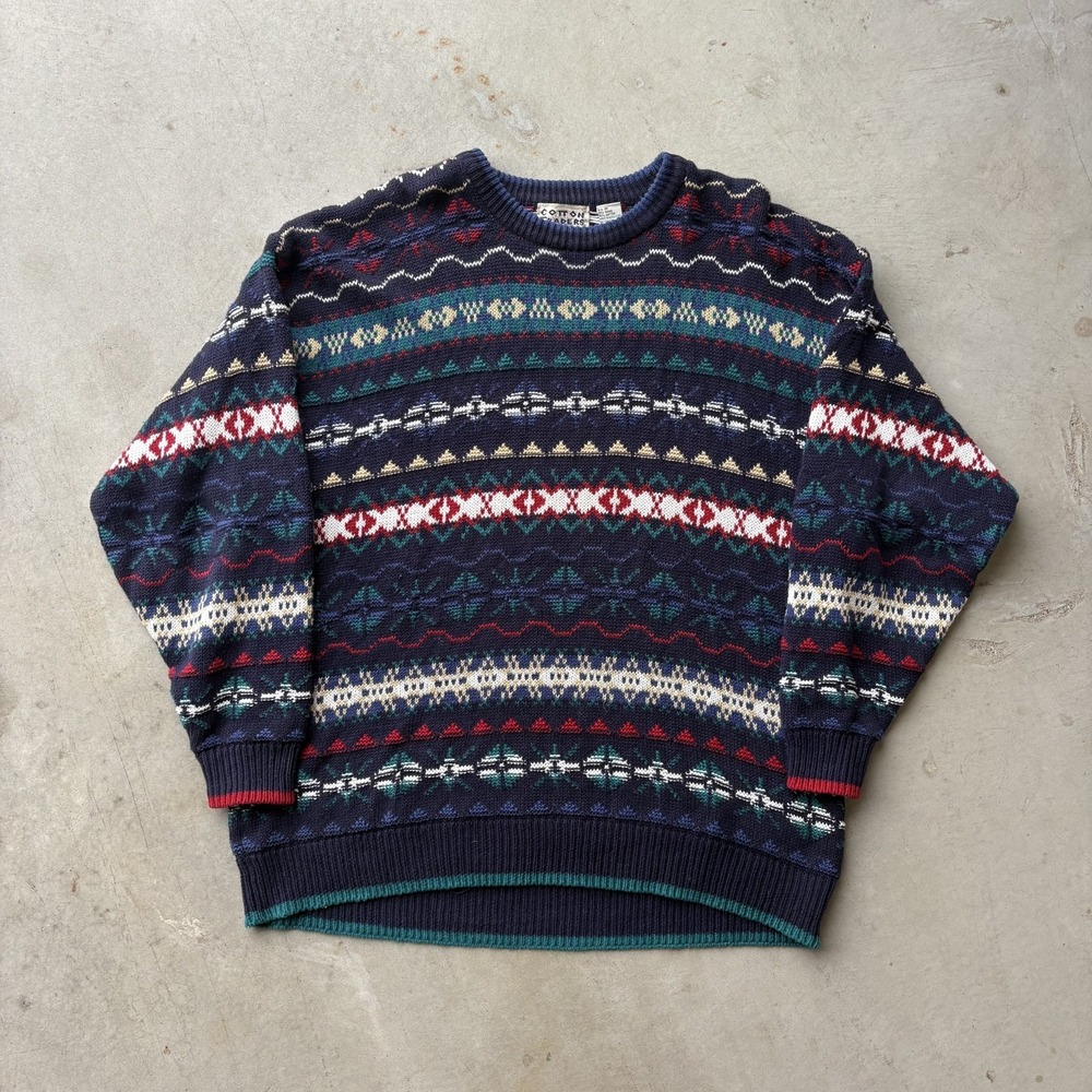 Vintage Cotton Traders Fair Isle Knit Sweater Mens Medium Ramie Cotton 90s Navy